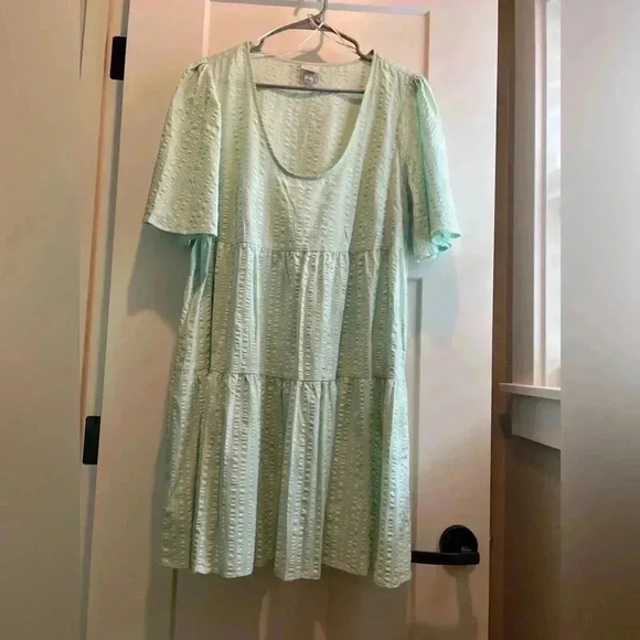 A New Day Dress Women Size M Mint Green Crinkle Stripe Flutter Pullover Pockets - Picture 1 of 7